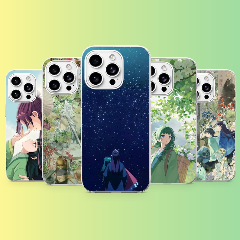 May include: Five smartphone cases featuring various anime-style illustrations. The designs include characters in green robes, a starry night sky with a figure, botanical elements, and scenes with figures in nature, all with a triple-lens camera cutout.
