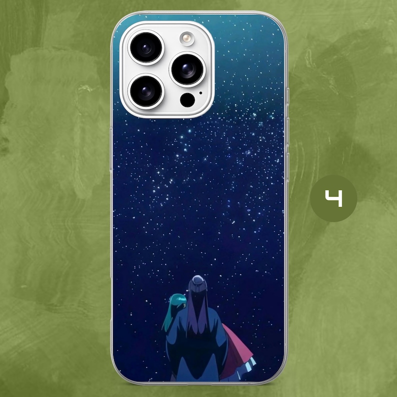 May include: A smartphone case featuring a dark blue night sky filled with white stars. At the bottom, two figures with long dark hair are shown from behind, looking up at the sky. One figure wears a dark blue robe, and the other wears a red garment.
