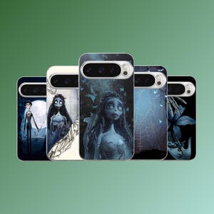 May include: Five smartphone cases featuring dark, blue-toned illustrations of characters and scenes from a gothic animated film. The designs include a couple under a full moon, a bride, a spiderweb, and skeletal hands holding a blue flower.