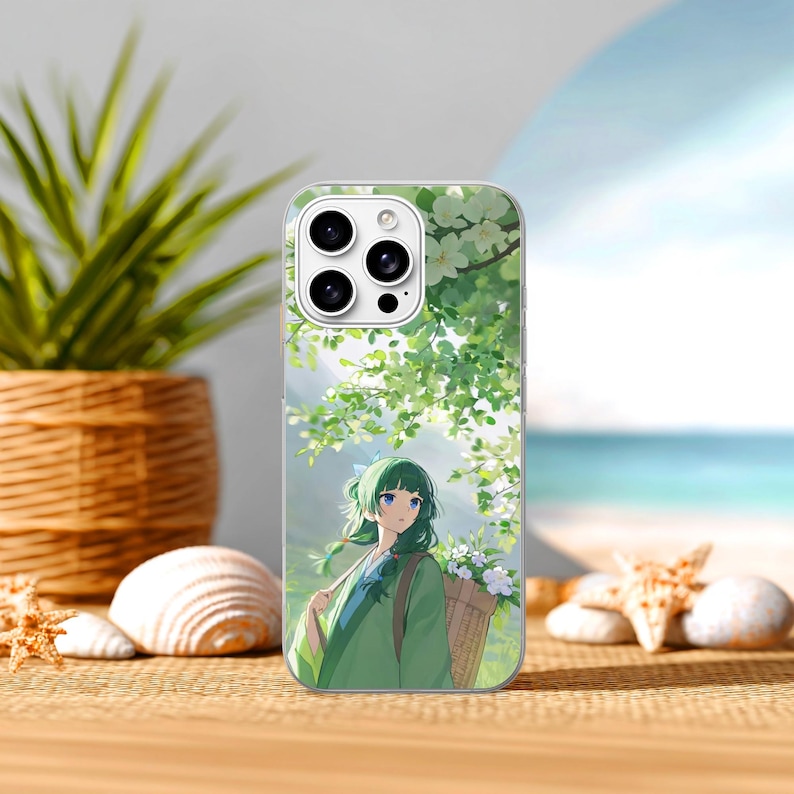May include: A smartphone case featuring an anime-style illustration of a character with green hair wearing a green robe, carrying a basket of white flowers under a canopy of green leaves and white blossoms against a bright, soft-focus background.