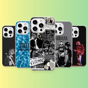 Peut inclure: Cinq coques de smartphone avec des images de Nirvana et Kurt Cobain. Les designs incluent un étui noir avec portrait, un motif d'eau bleue avec texte, un collage avec texte et guitare, un étui gris avec le groupe et un étui noir avec un musicien.