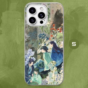 May include: A clear smartphone case featuring a multi-layered collage of anime-style characters in traditional robes, surrounded by botanical illustrations of blue and red flowers, green foliage, and a faint landscape background with Chinese calligraphy.
