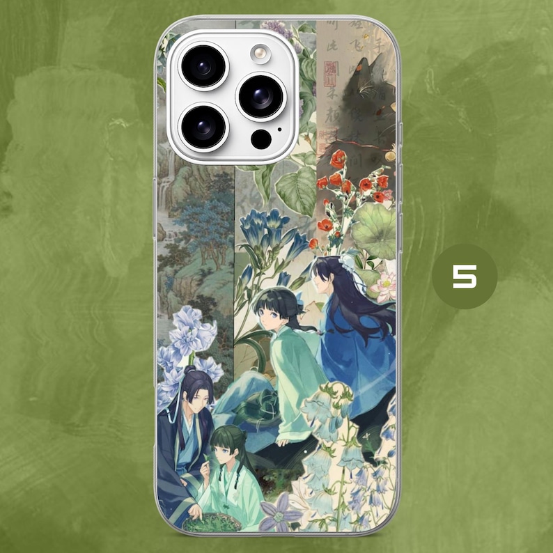 May include: A clear smartphone case featuring a multi-layered collage of anime-style characters in traditional robes, surrounded by botanical illustrations of blue and red flowers, green foliage, and a faint landscape background with Chinese calligraphy.