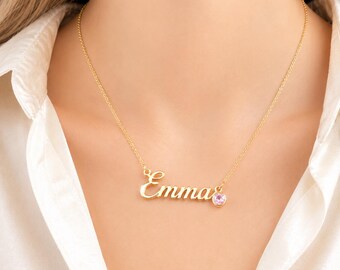 Collar con nombre y piedra de nacimiento para damas de honor, joyería de oro personalizada, regalo de cumpleaños