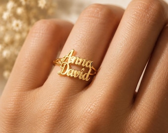 Anillo doble personalizado para mujer, plata u oro personalizados, joyería minimalista con nombre,