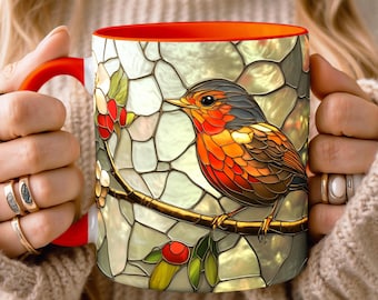 Stained Glass Fall Robin Perched Mug Colorful Floral Coffee Cup Wildflower Mosaic Mug Bird Lover Gift Coffee Cup Floral Nature Lover Gift