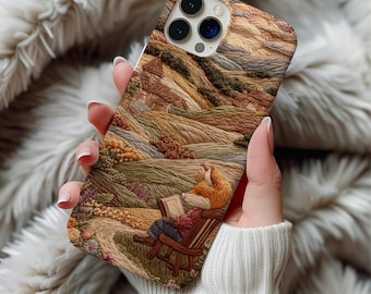 Spring Flowers Fox Reading Garden Phone Case Trendy Artful Embroidered Wildflower Phone Case iPhone 17 16 15 14 Pro Samsung s25 s24 s23