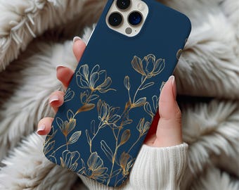Golden Wildflower On Navy Phone Case Line Art Artful Trendy Vintage Minimalist Floral Phone Case Gift iPhone 17 16 Pro Max Samsung S25 S24