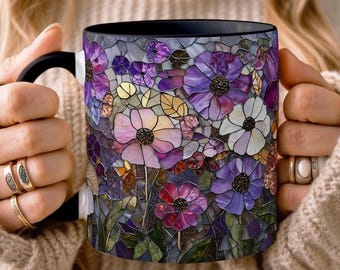 Stained Glass Print Wildflower Mosaic Mug Floral Art Coffee Cup Botanical Lover Gift Vintage Aesthetic Mug Design Kitchen Gift Flower Cup