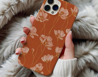 Golden Wildflower On Orange Phone Case Line Art Artful Trendy Vintage Minimalist Floral Soft Phone Case Gift iPhone 17 Pro Max Samsung S25