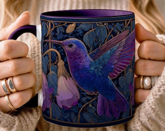 Stained Glass Dark Hummingbird Mug Colorful Floral Coffee Cup Wildflower Mosaic Mug Bird Lover Gift Coffee Cup Floral Mug Vintage Aesthetic