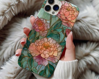 Stained Glass Style Wildflower Mosiac Phone Case Artful Trendy Peach Peony Nature Lover Gift Phone Case For iPhone 17 Pro Max Samsung S25