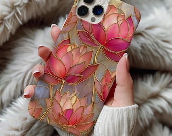 Pink Lotus Stained Glass Phone Case Artful Golden Wildflower Mosaic Botanical Phone Case iPhone 17 16 15 14 Pro Samsung s25 s24 s23