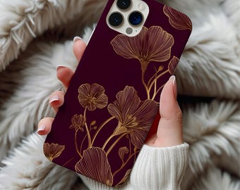 Golden Wildflower On Burgundy Phone Case Line Art Artful Trendy Vintage Minimalist Floral Phone Case Gift iPhone 17 16 Pro Max Samsung S25