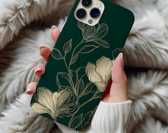 Golden Wildflower On Dark Green Phone Case Line Art Artful Trendy Vintage Minimalist Floral Phone Case Gift iPhone 17 16 Pro Max Samsung S25