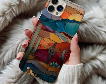 Stained Glass Cactus Phone Case Artful Trendy Desert Landscape Western Sunset iPhone Case 17 16 15 14 Pro Samsung s25 s24 s23