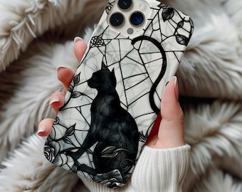 Stained Glass Black Cat Phone Case MagSafe Artful Goth Vintage Witchy Cat Lover Phone Cover Gift iPhone 17 16 Pro Samsung s25 s24
