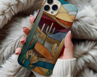 Stained Glass Cactus Phone Case Artful Trendy Desert Landscape Western Southern Boho  iPhone Case 17 16 15 14 Pro Samsung s25 s24 s23