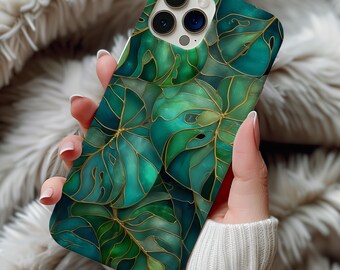 Stained Glass Style Green Monstera Leafs Phone Case iPhone 13 14 15 16 17 Casing Tough Cases Art Deco Houseplants Artful Trendy Vintage Gift