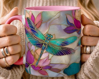 Dragonfly Lotus Stained Glass Dragonfly Lotus Mug Print Wildflower Mosaic Mug Floral Art Coffee Cup Iridescent Floral Mug Vintage Aesthetic