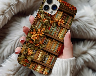 Stained Glass Bookish Phone Case Artful Trendy Fall Floral Bookshelf Reading Theme Phone Case Gift For iPhone 17 16 Pro Max Samsung S26 S25