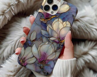Stained Glass Style Magnolia Phone Case Artful Trendy Wildflower Mosaic Nature Lover Gift Phone Case Gift For iPhone 17 Pro Max Samsung S25