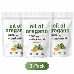 May include: Three white pouches of "oil of oregano" supplements. Each pouch displays the text "6,000 mg per serving equivalent" and "with black seed oil". The image also shows a "3-Pack" label.