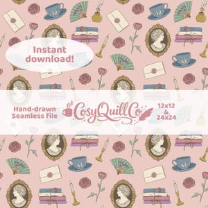 Handritat sömlöst mönster med stolthet och fördom | Jane Austen digitalt papper | Regency Cottagecore-tryck | Bokligt litteraturmönster