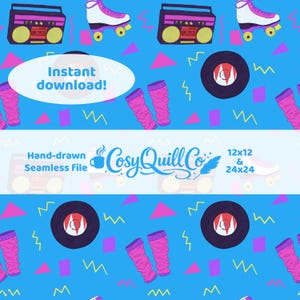 80er Jahre Retro Muster | Handgezeichnete Rollschuhe, Ghettoblaster Digitales Papier (digitaler Download)