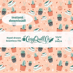 Cosy Hobbies Seamless Pattern PNG | Hand Drawn Procreate Pattern | Cute Autumn Hygge Digital Paper | Books Plants Knitting Illustration