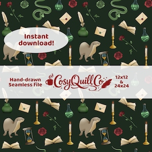 May include: Dark green seamless pattern featuring illustrations of otters, hourglasses, books, candles, roses, inkwells, envelopes, and potion bottles. The text "Instant download!" and "Cosy Quill Co" are also present.