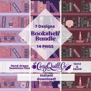 Puede incluir: Un paquete de arte digital con siete diseños de estanterías y 14 PNG. La imagen muestra archivos sin costuras dibujados a mano con varios títulos de libros y elementos decorativos. El texto incluye "Bookshelf Bundle" y "Instant download!"