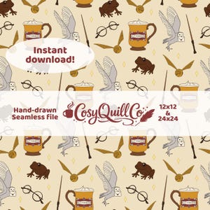 May include: A seamless pattern featuring illustrations of a golden snitch, a brown frog, a wand, a mug of butterbeer, an owl with a letter, and round glasses on a cream background. The text "Instant download!" is visible.