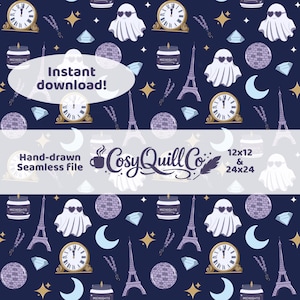 Puede incluir: Patrón sin costuras con relojes, fantasmas, torres Eiffel, bolas de discoteca, velas, diamantes, lunas y estrellas sobre un fondo azul marino. También está presente el texto "Instant download!" y "Hand-drawn Seamless file".