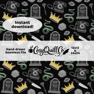 May include: Black seamless pattern with repeating illustrations of a vintage telephone, tombstone, crown, knife, snake, rose, and lips. The text "Instant download!" and "Hand-drawn Seamless file" are also present.