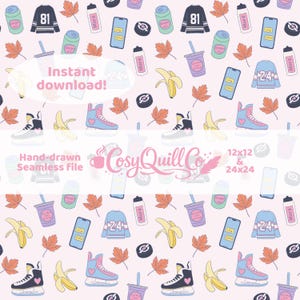May include: A hand-drawn seamless pattern on a pink backdrop, featuring ice skates, bananas, maple leaves, jerseys, soda cans, water bottles, and smartphones. Text includes "Instant download!" and "12x12 & 24x24".