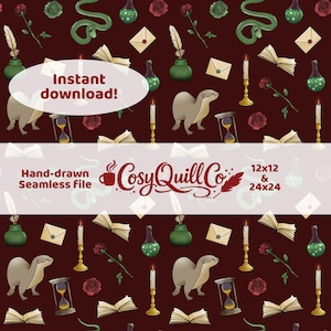 May include: Seamless pattern with a burgundy background featuring illustrations of otters, hourglasses, books, candles, roses, inkwells, envelopes, and potion bottles. The text "Instant download!" and "Cosy Quill Co" are also present.