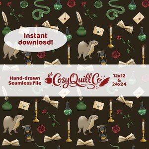 May include: A seamless pattern featuring illustrations of otters, hourglasses, books, candles, roses, inkwells, and potion bottles on a dark brown background. The text "Instant download!" and "Hand-drawn Seamless file" are also present.