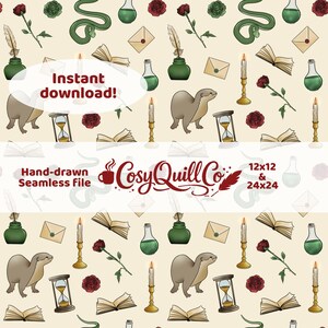 May include: A seamless pattern featuring hand-drawn illustrations of otters, hourglasses, books, roses, candles, inkwells, envelopes, and potion bottles. The text "Instant download!" and "Cosy Quill Co" are also present. The pattern is available in 12x12 and 24x24 sizes.