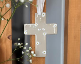 Croix murale chrétienne personnalisable en céramique / Cadeau baptême, communion, naissance ou adulte / Décoration religieuse artisanale
