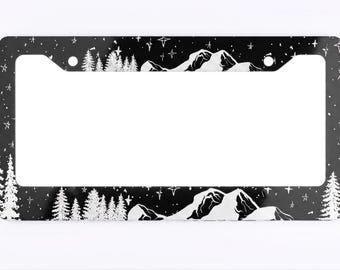 Mountain and Starry Night License Plate Frame, Car Accessories, Celestial Forest License Plate Holder, Black and White Wanderlust Car Decor