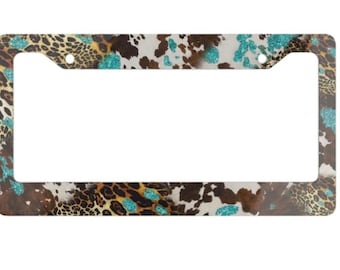 Leopard and Cow Print License Plate Frame, Turquoise Western Car Accessories, Animal Print License Plate Holder, Cowhide Car Decor