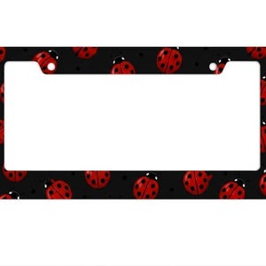 May include: A black license plate frame featuring a pattern of red ladybugs with black spots and small black stars. The ladybugs are evenly spaced across the frame, creating a playful and eye-catching design.