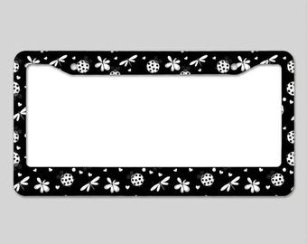Cute Bug and Insect License Plate Frame, Black and White Ladybug Car Accessories, Dragonfly and Butterfly License Plate Holder