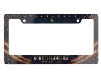 God Bless America License Plate Frame, Patriotic Car Accessories, Vintage USA Flag License Plate Holder, Home of the Free Car Decor