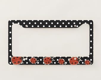 Red Ladybug License Plate Frame Black and White Polka Dot Car Decor Cute Insect Accessory