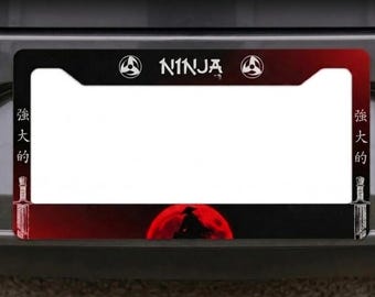 Anime Ninja License Plate Frame, Red Blood Moon Car Accessories, Japanese Samurai Sword License Plate Holder, Otaku JDM Car Decor