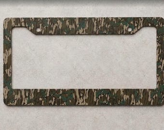 Greenleaf Metal License Plate Frame, Woodland Camo Car Tag Frame, Rustic Hunting Truck Accessories