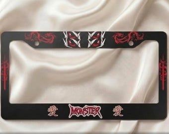 Anime Monster Eyes License Plate Frame, Red Dragon Car Accessories, Japanese Kanji Love License Plate Holder, Red and Black JDM Car Decor