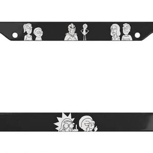 May include: A black rectangular license plate frame featuring white line art illustrations of various animated characters. The top bar displays six characters, while the bottom bar shows two characters making a hand gesture. The frame has two mounting holes.